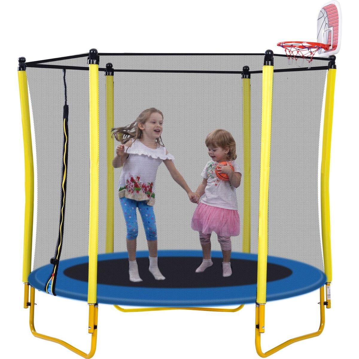 5.5FT Trampoline for Kids - 65" Outdoor & Indoor Mini Toddler Trampoline with Enclosure, Basketball Hoop and Ball Included