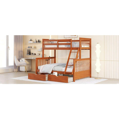 Twin-Over-Full Bunk Bed with Ladders and Two Storage Drawers (Walnut) { o