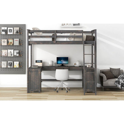 Twin Size Loft Bed with U-shaped Desk, Drawers and Storage Shelves, Antique Brown