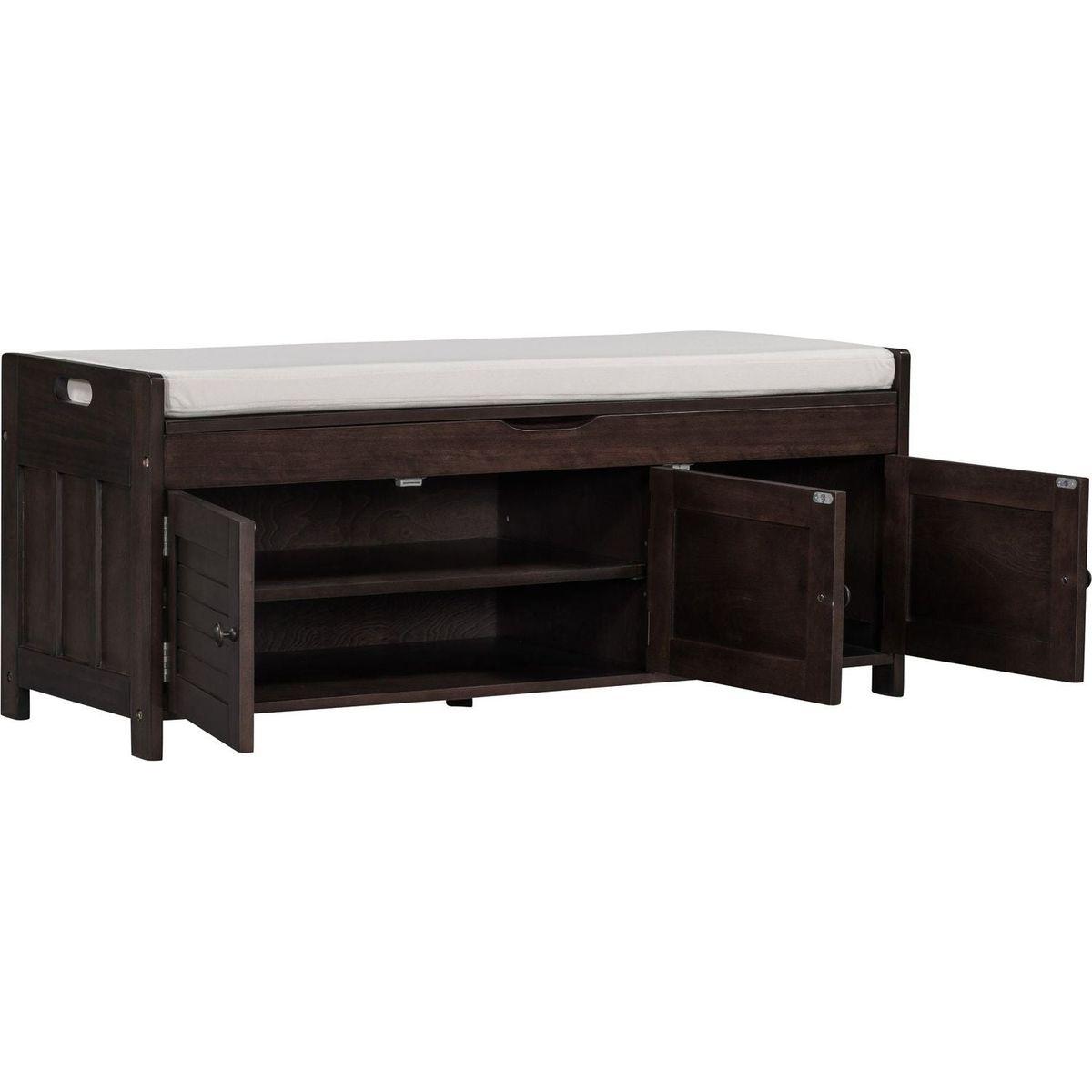 Storage Bench with 3 Shutter-shaped Doors, Shoe Bench with Removable Cushion and Hidden Storage Space (Espresso
