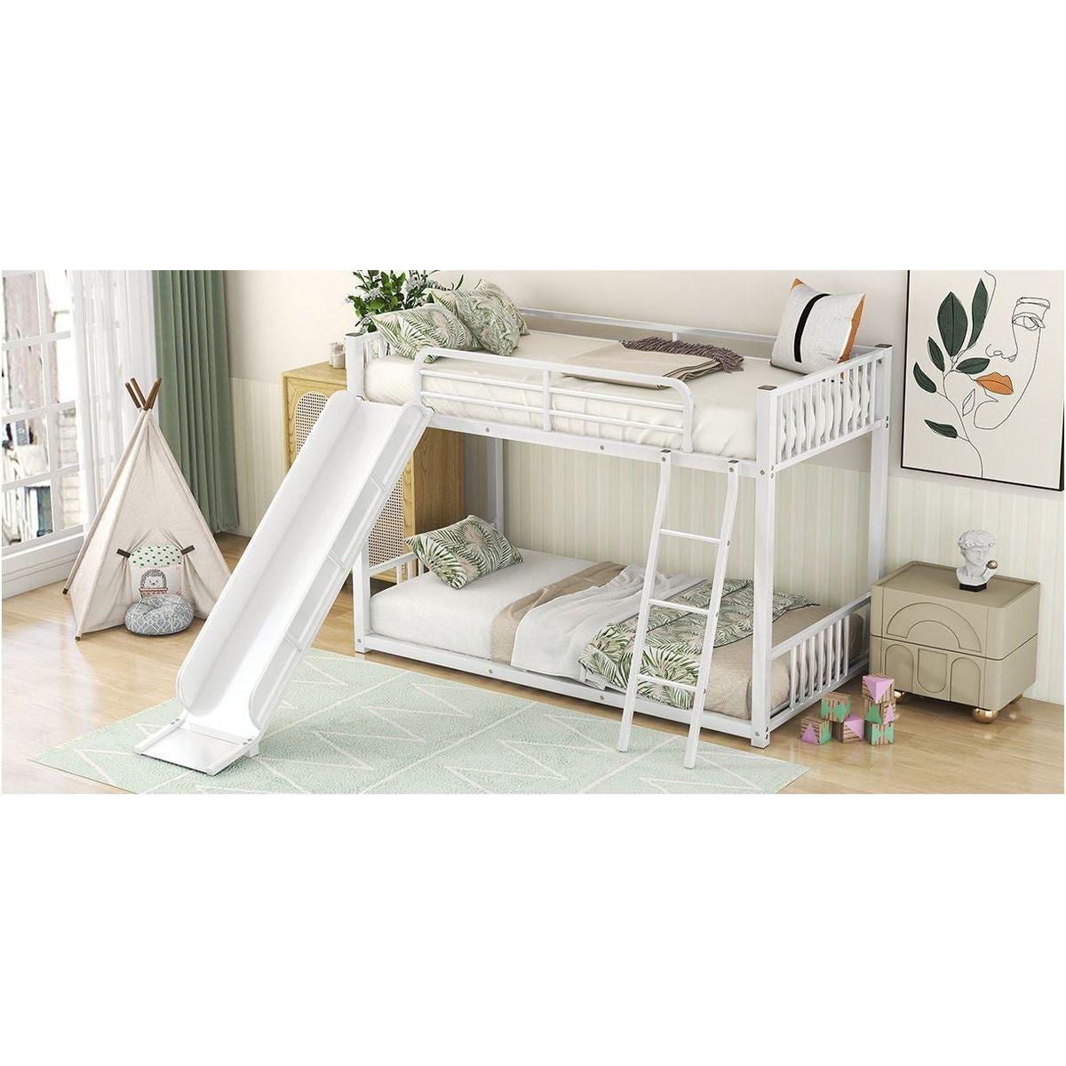 Metal Bunk Bed with Slide, Twin over Twin, White