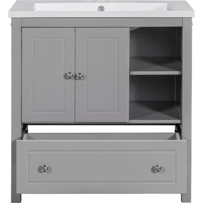 30" Bathroom Vanity with Sink, Bathroom Storage Cabinet with Doors and Drawers, Solid Wood Frame, Ceramic Sink, Grey