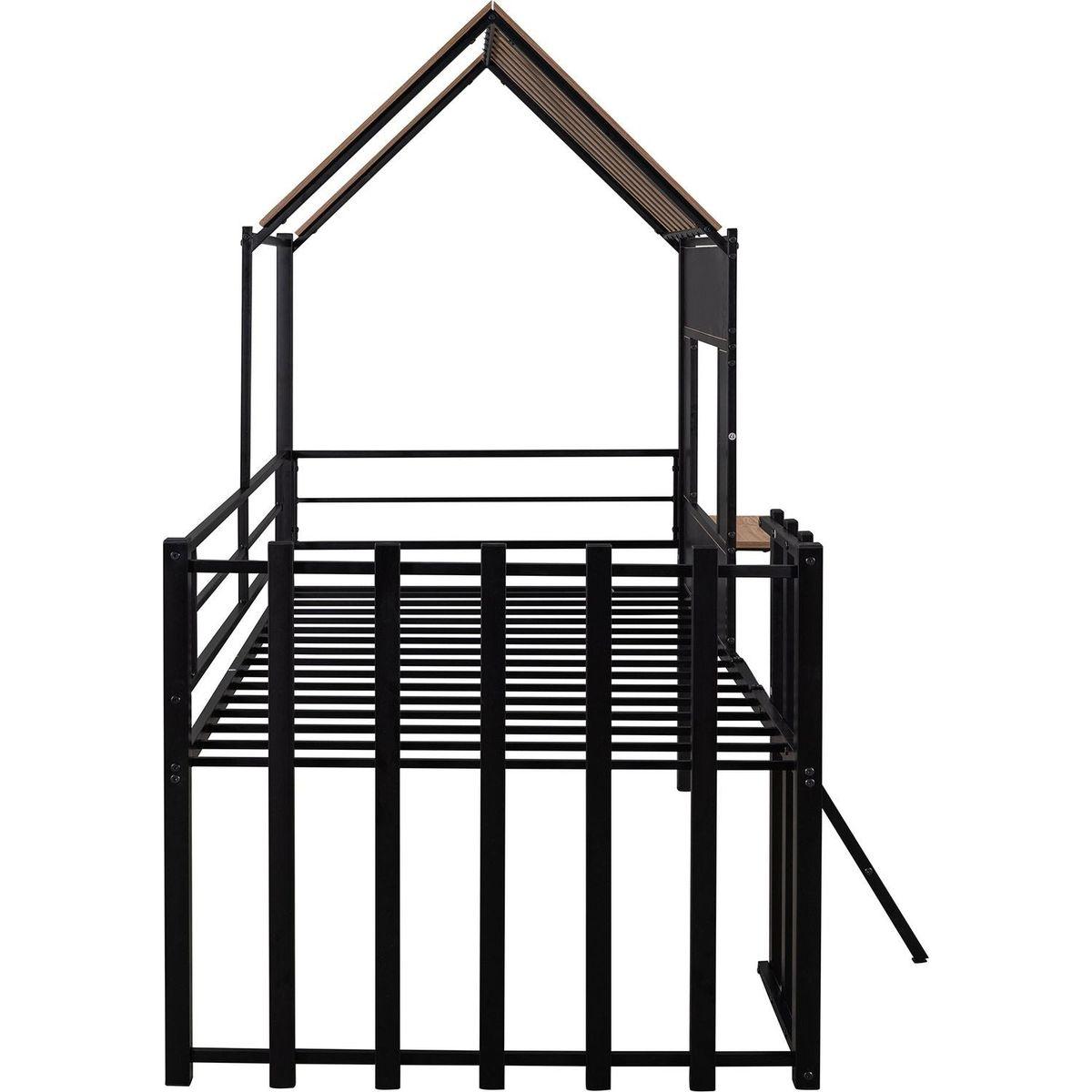 Metal Twin size Loft Bed with Roof, Window, Guardrail, Ladder Black