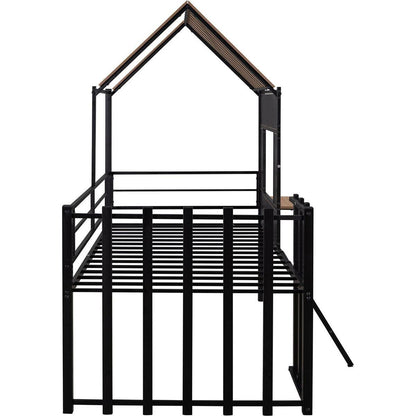 Metal Twin size Loft Bed with Roof, Window, Guardrail, Ladder Black