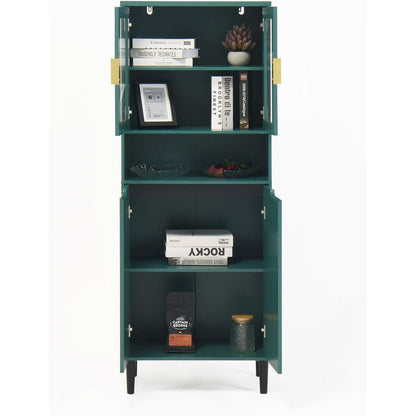 Tall Storage Show Cabinet with 2 Glass Display Door & 2 Doors, Tall Kitchen Pantry Cabinet with Gold Handles, Modern Cabinet Freestanding for Bathroom, Dining Living Room, Green