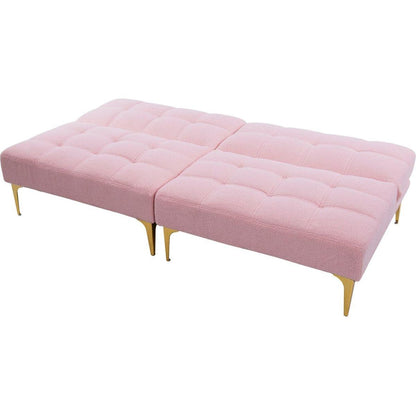71" Convertible sofa bed futon with gold metal legs teddy fabric (Pink)
