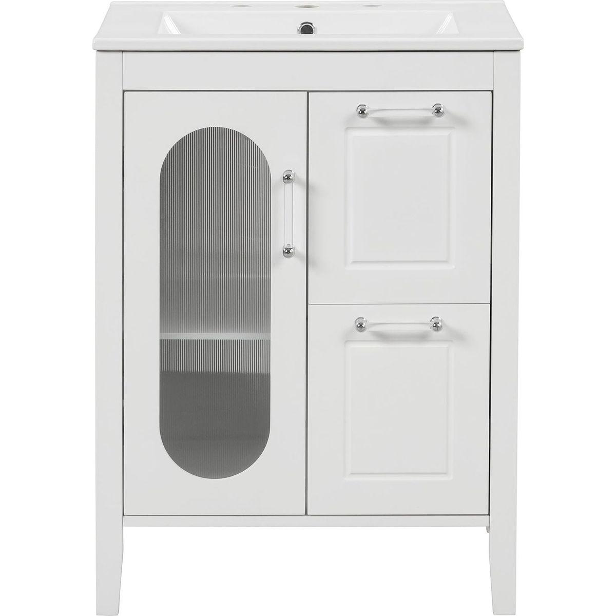 24" Bathroom Vanity with Sink, Bathroom Vanity Cabinet with Two Drawers and Door, Adjustable Shelf, Solid Wood and MDF, White