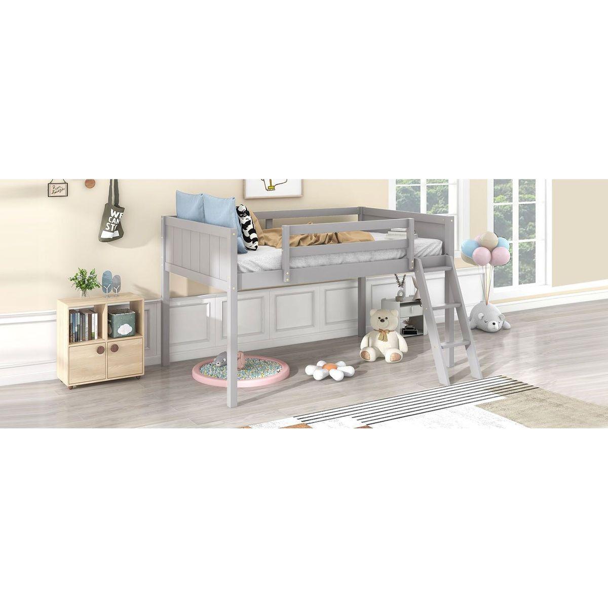 Twin Size Wood Low Loft Bed with Ladder, ladder can be placed on the left or right, Gray