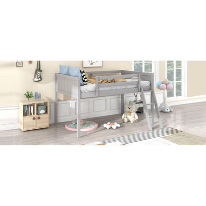 Twin Size Wood Low Loft Bed with Ladder, ladder can be placed on the left or right, Gray