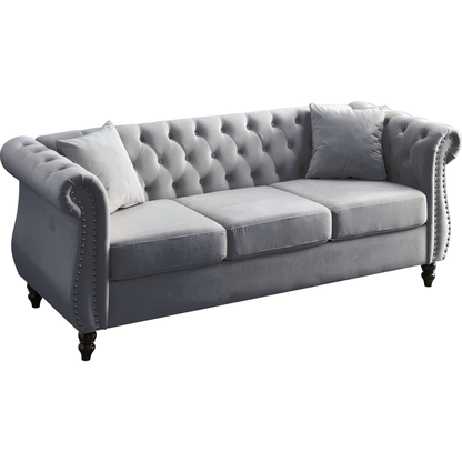 80" Chesterfield Sofa Grey Velvet for Living Room, 3 Seater Sofa Tufted Couch with Rolled Arms and Nailhead for Living Room, Bedroom, Office, Apartment, two pillows