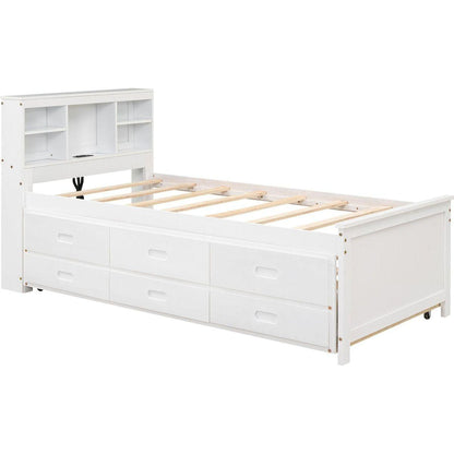 Twin Size Platform Bed with Storage Headboard, USB, Twin Size Trundle and 3 Drawers, White