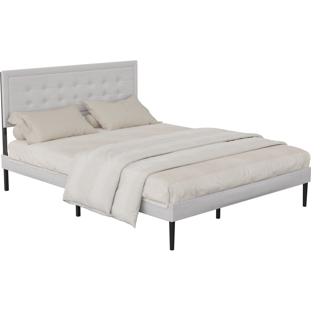 Iron Platform Bed Frame with Wooden slats support & Upholstered  Headboard (Queen Size) - Grey