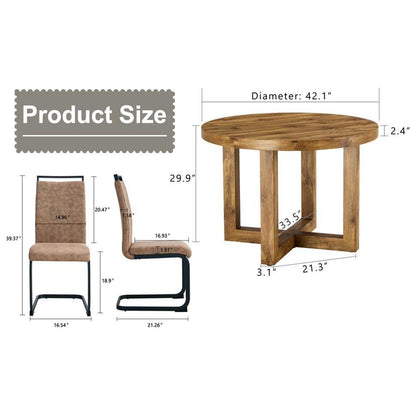 A modern and practical circular dining table. Made of MDF tabletop and wooden MDF table legs. 4-piece technology cloth high backrest cushion side chair, C-shaped tube black metal legs.