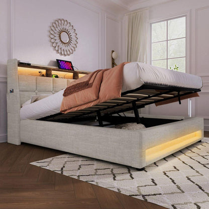 Queen size Upholstered Platform bed with a Hydraulic Storage System, LED and USB Charging, Natural (without mattress)