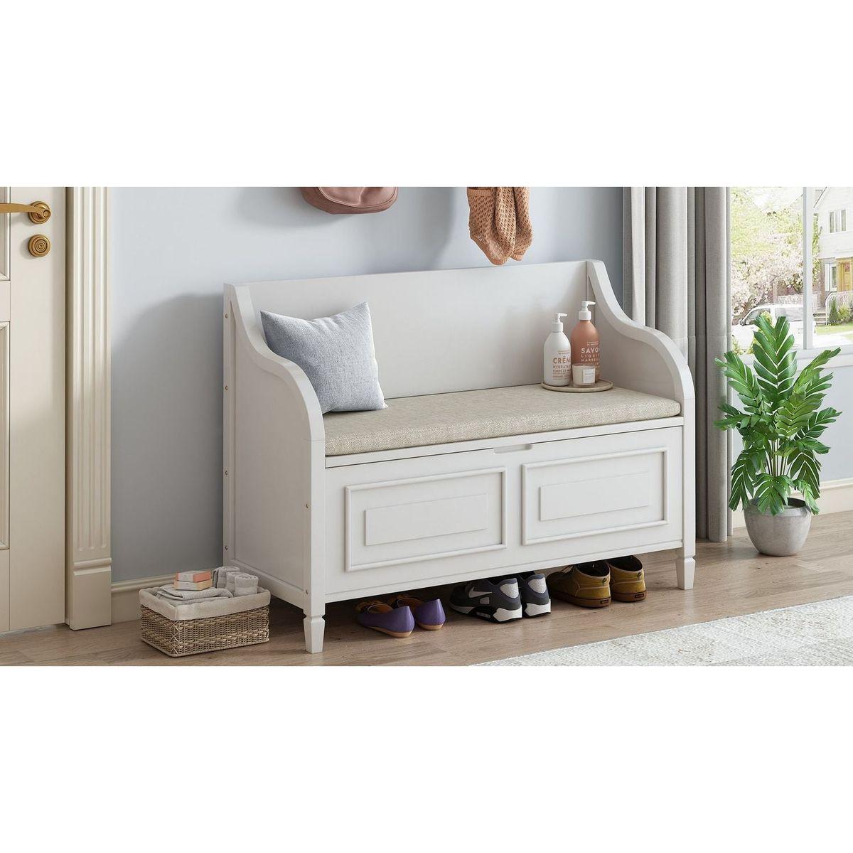 Rustic Style Solid wood Entryway Multifunctional Storage Bench with Safety Hinge (White+ Beige)