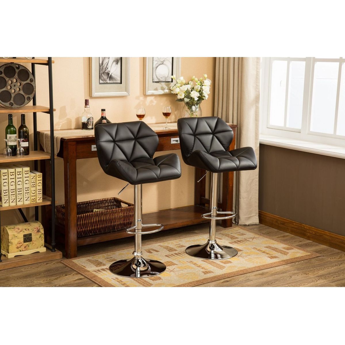 Glasgow Contemporary Tufted Adjustable Height Hidraulic Bar Stools, Set of 2, Black - Streamdale Furniture