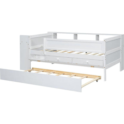Multi-Functional Twin Daybed with Drawers and Trundle, Headboard Storage and Tables, USB Charging Station, White