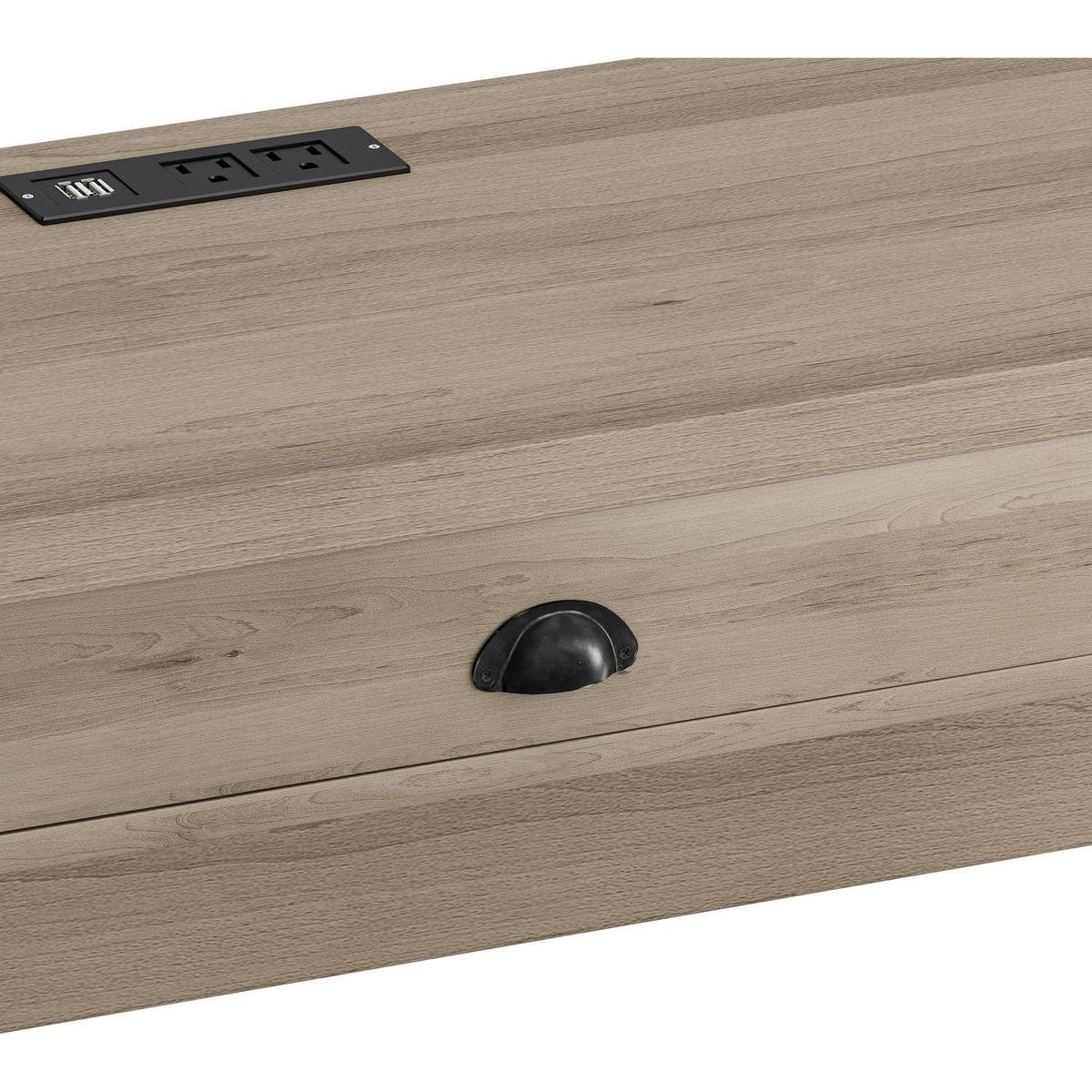 3-Drawer Long Dining Table Set with Power Outlets, Bar Kitchen Table Set with Circular PU Stools, Easy Assemble, Brown Gray Table+Black Stool