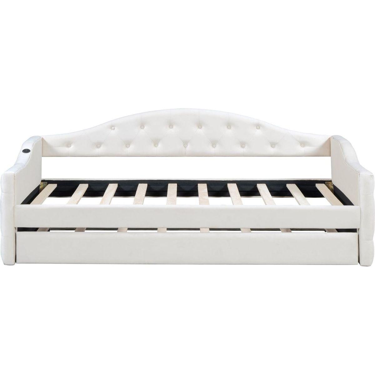 Twin Size Tufted Upholstered Daybed with Trundle, Velvet Sofabed with USB&Type-C Charging Ports,No Box-spring Needed, Beige