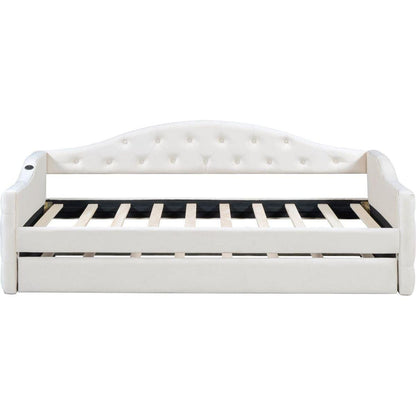 Twin Size Tufted Upholstered Daybed with Trundle, Velvet Sofabed with USB&Type-C Charging Ports,No Box-spring Needed, Beige