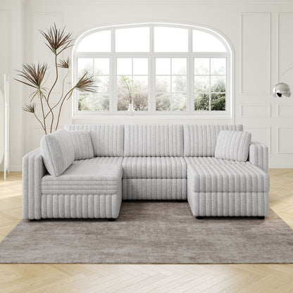 106.3' Soft  U-shaped 4-Person Sofa. Matches 30.7' Ottoman with Hydraulic Lift. Comfortable & Stylish. For Bedroom & Living Room. Light Gray. Modern Furniture. Modular Design.