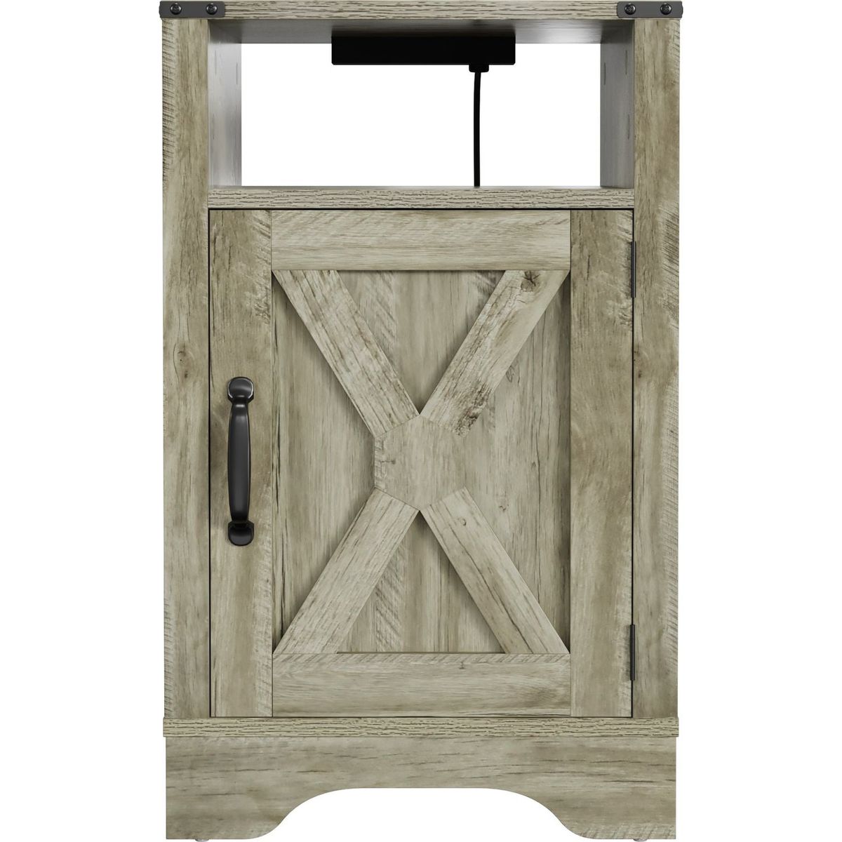 Farmhouse Nightstand Side Table, Wooden Rustic End Table, Tall Bedside Table with Electrical Outlets Charging Station - Light Grey