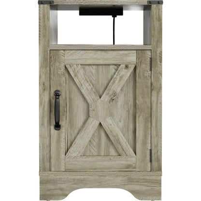 Farmhouse Nightstand Side Table, Wooden Rustic End Table, Tall Bedside Table with Electrical Outlets Charging Station - Light Grey