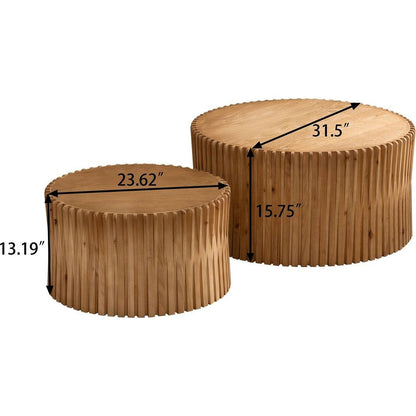 Vintage Fashion Style Cylindrical Nesting Coffee Table Set with Vertical Textured Embossed Design for Living Room, Office and Dining Room, Natural (Set of 2)