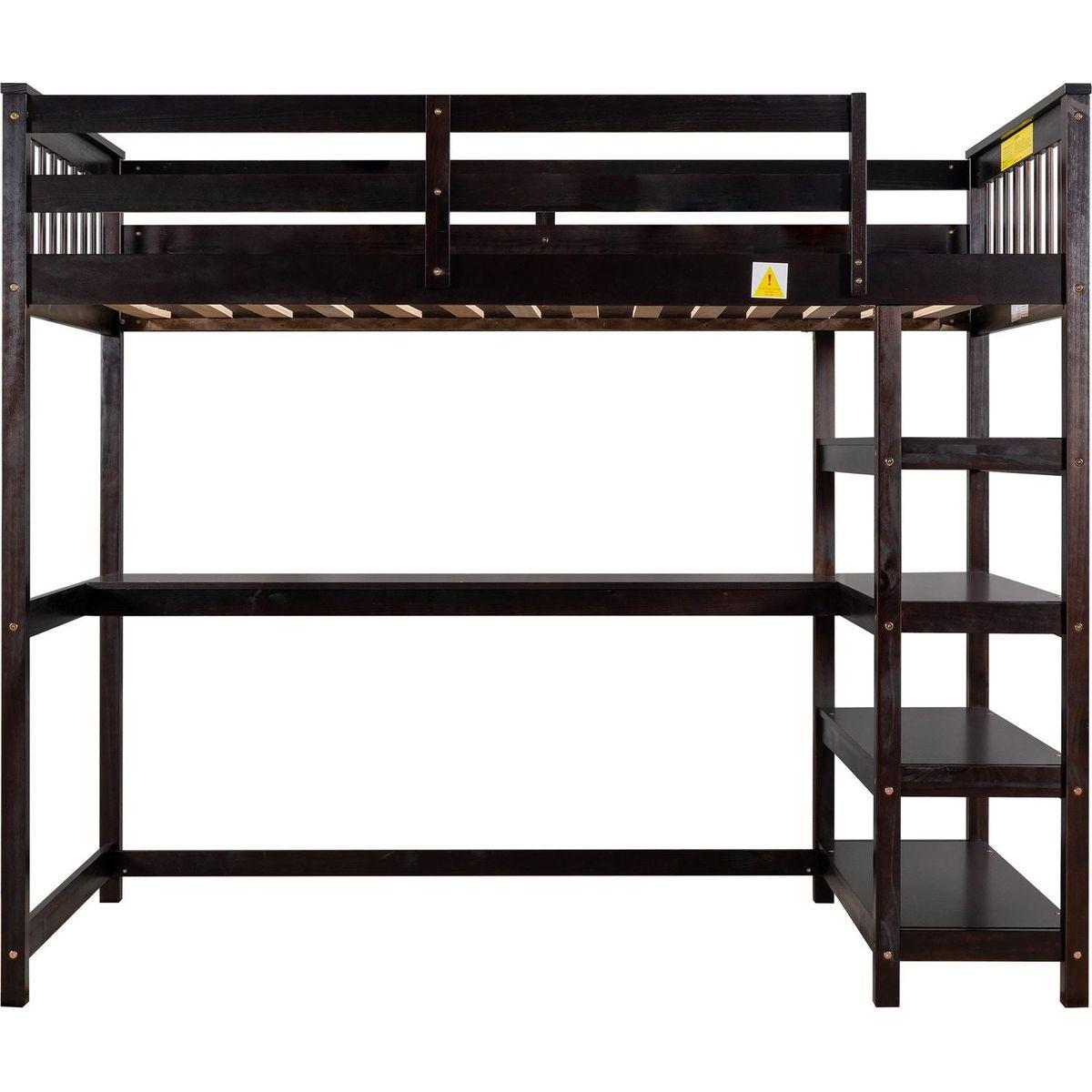 Twin Size Loft Bed with Storage Shelves and Under-bed Desk, Espresso