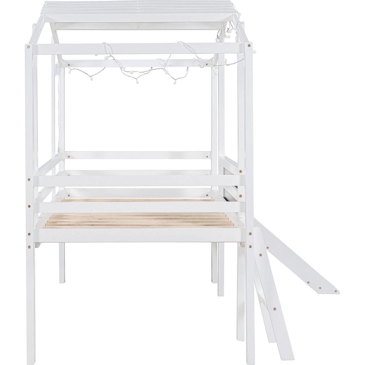 Twin Size Loft Bed with Ladder and Slide, House Bed with Blackboard and Light Strip on the Roof, White