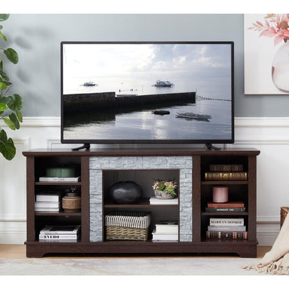 TV Media Stand with with Faux Stacked Stone Surround, Modern Entertainment Console with Open Storage Space, Cherry, 58.31"Wx15.39"Dx26.06"H