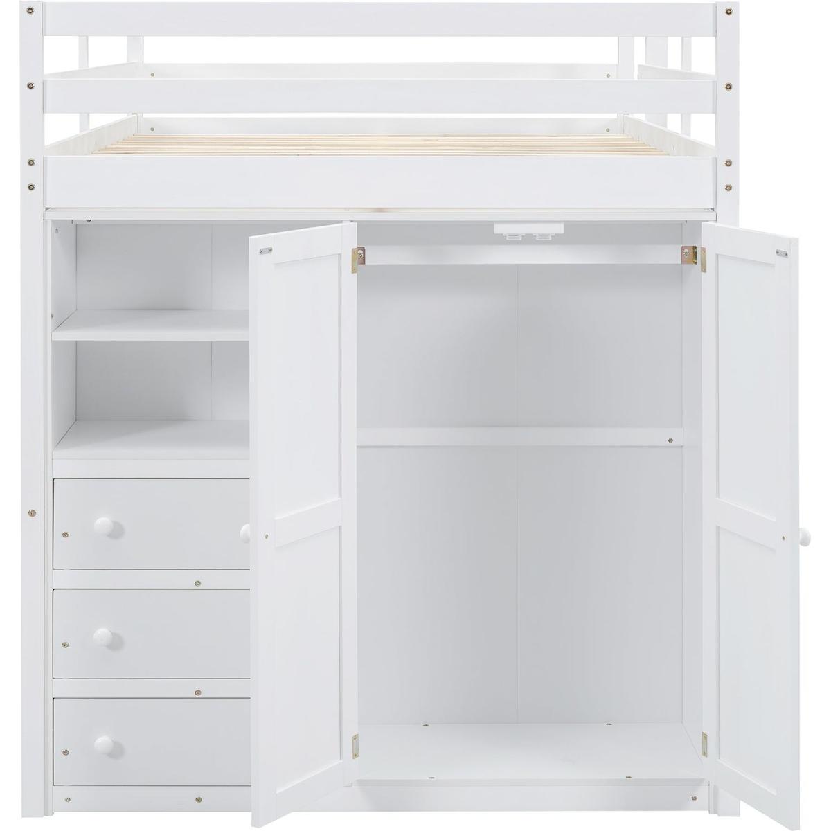 Wood Full Size Loft Bed with Built-in Wardrobe, Desk, Storage Shelves and Drawers, White