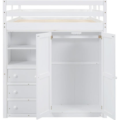 Wood Full Size Loft Bed with Built-in Wardrobe, Desk, Storage Shelves and Drawers, White