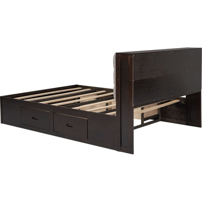 Wood Queen Size Platform Bed with Storage Headboard, shoe rack and 4 drawers,Espresso