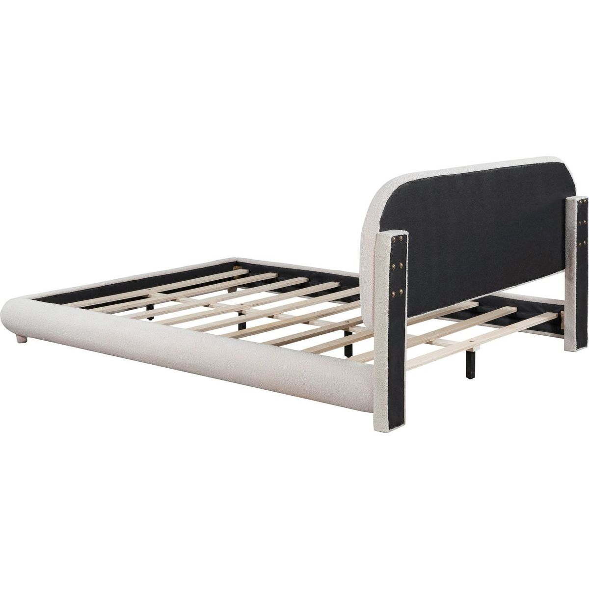 Teddy Fleece Queen Size Upholstered Platform Bed with Thick Fabric, Solid Frame and Stylish Curve-shaped Design, Beige