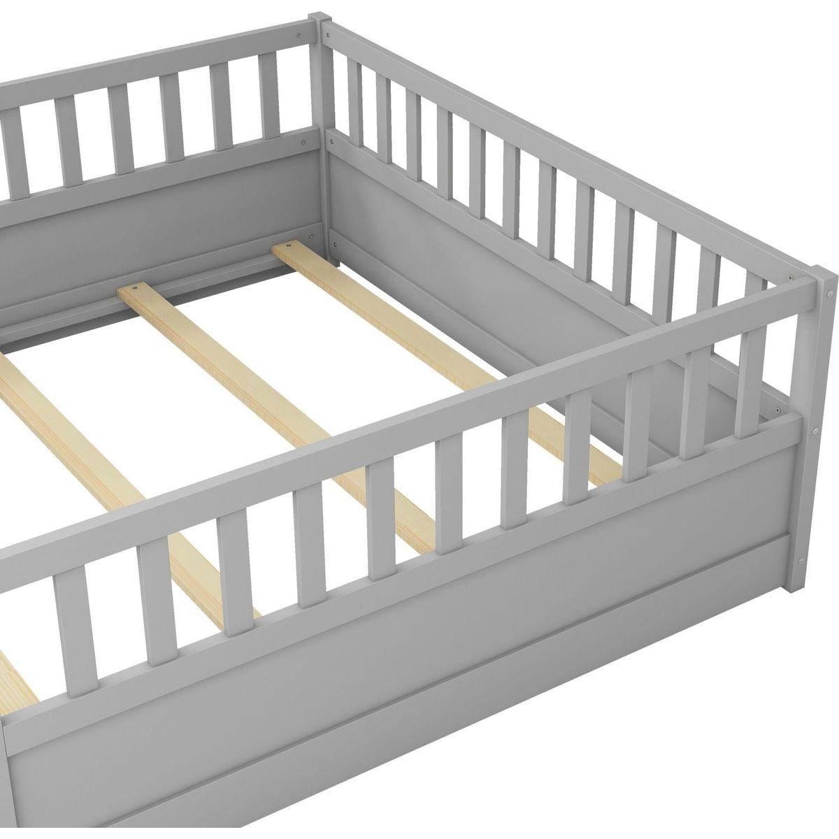 Full size Floor bed, integral construction with super high security barrier, door, children's floor bed frame, Montessori wooden children's floor bed, Support slat Grey