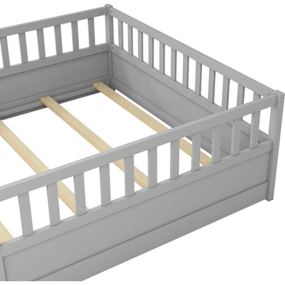 Full size Floor bed, integral construction with super high security barrier, door, children's floor bed frame, Montessori wooden children's floor bed, Support slat Grey