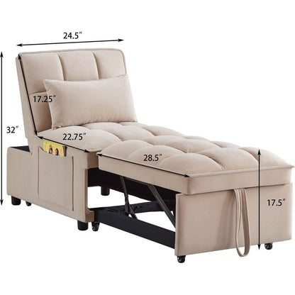 4 in1 Multi-Function Single Sofa Bed with Storage Pockets,Tufted Single Pull-out Sofa Bed with Adjustable Backrest and Pillows, Convertible Chaise Lounge,Taupe