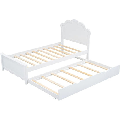 Twin Size Wood Platform Bed with Headboard and Twin Size Trundle, White
