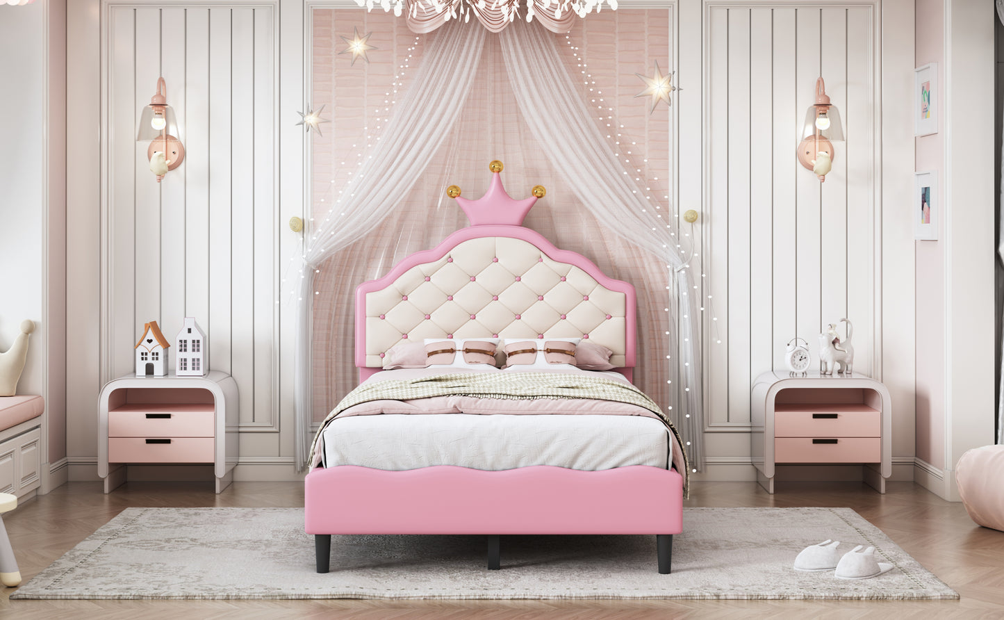 Twin Size Lovely Crown Fantasy PU Leather Princess Bed with Tufted Headboard, Pink+Cream