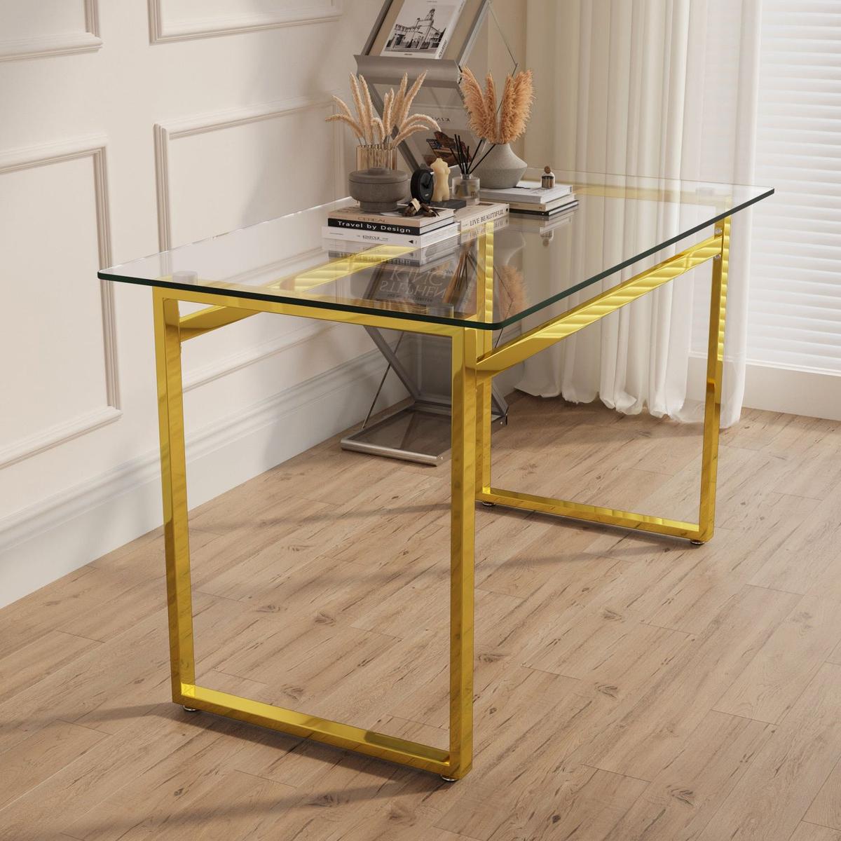 Modern Minimalist Rectangular Glass Dining Table for 4-6 with 0.31" Tempered Glass Tabletop and Golden Chrome Metal Legs, Writing Table Desk, for Kitchen Dining Living Room, 51" W x 27"D x 30" H