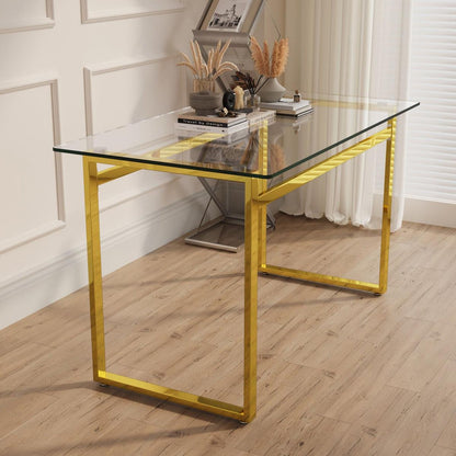Modern Minimalist Rectangular Glass Dining Table for 4-6 with 0.31" Tempered Glass Tabletop and Golden Chrome Metal Legs, Writing Table Desk, for Kitchen Dining Living Room, 51" W x 27"D x 30" H