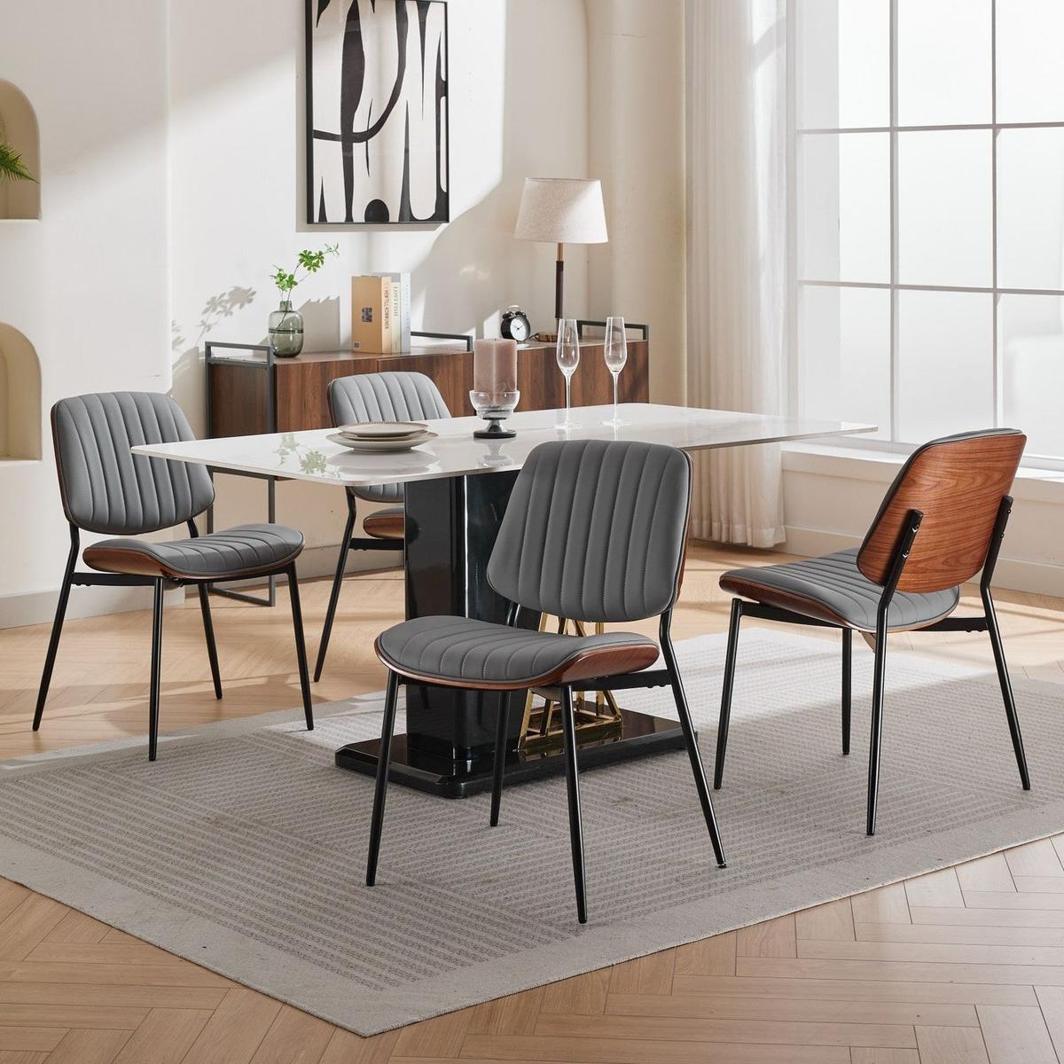 Dining Chairs Set of 2 Mid Century Modern Retro Faux Leather Chair with Walnut Bentwood Back Upholstered Seat Metal Legs Adjustable Foot for Kitchen Dining Room Chairs(Gray PU)
