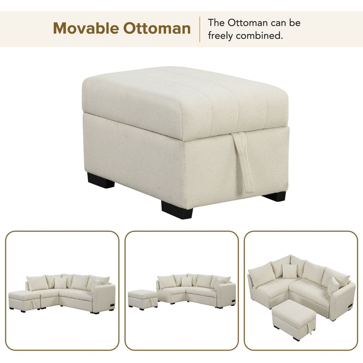 82.6" L-shaped Sectional Pull Out Sofa Bed Sleeper Sofa with Two USB Ports, Two Power Sockets and a Movable Storage Ottoman, Beige
