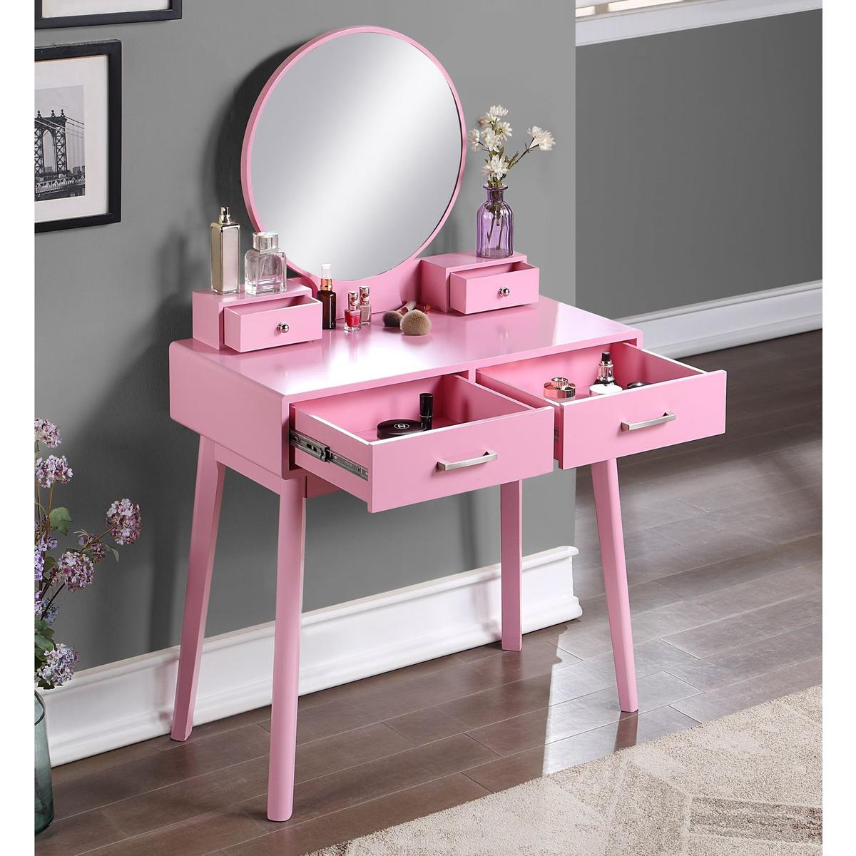 Liannon Contemporary Wood Vanity and Stool Set, Pink