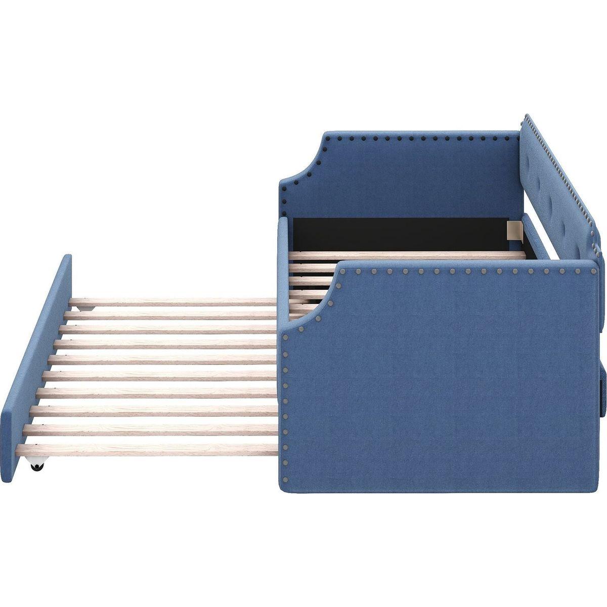 Upholstered Daybed with Trundle, Wood Slat Support,Upholstered Frame Sofa Bed, Twin,Blue