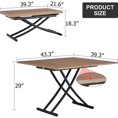 Modern minimalist multifunctional lifting table, 0.8-inch wood grain craft sticker desktop, black metal legs. Paired with 4 faux leather upholstered dining chairs with black metal legs