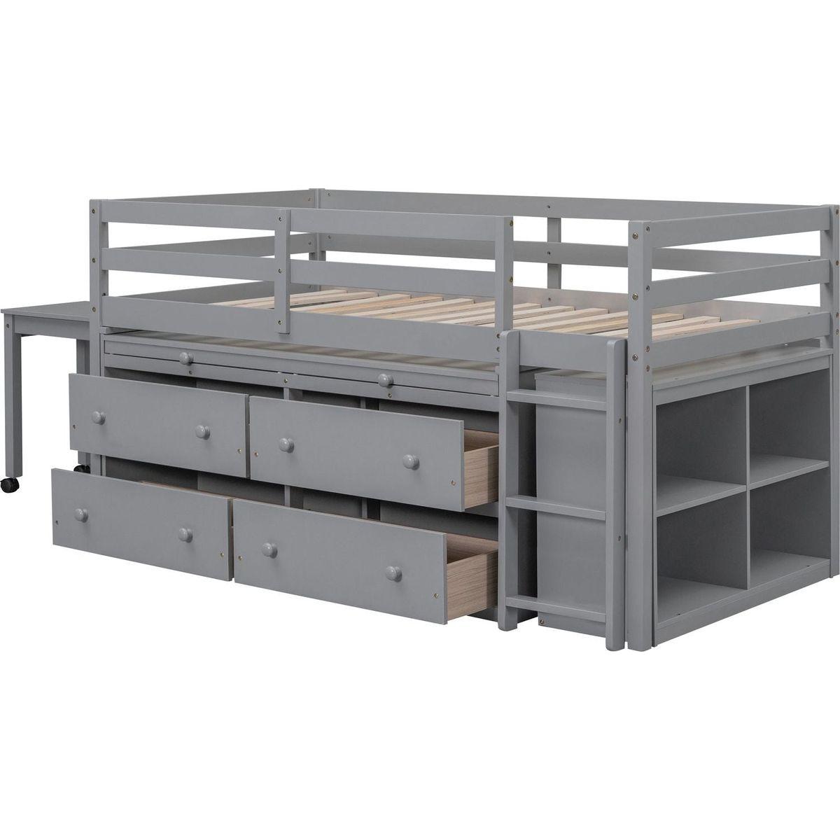Twin Size Loft Bed with Retractable Writing Desk and 4 Drawers, Wooden Loft Bed with Lateral Portable Desk and Shelves, Gray