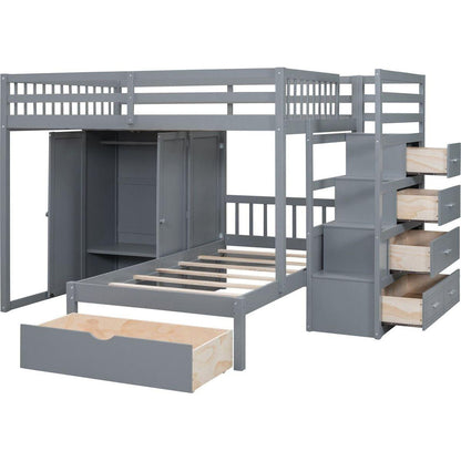 Full Over Twin Bunk Bed with Wardrobe, Drawers, Gray