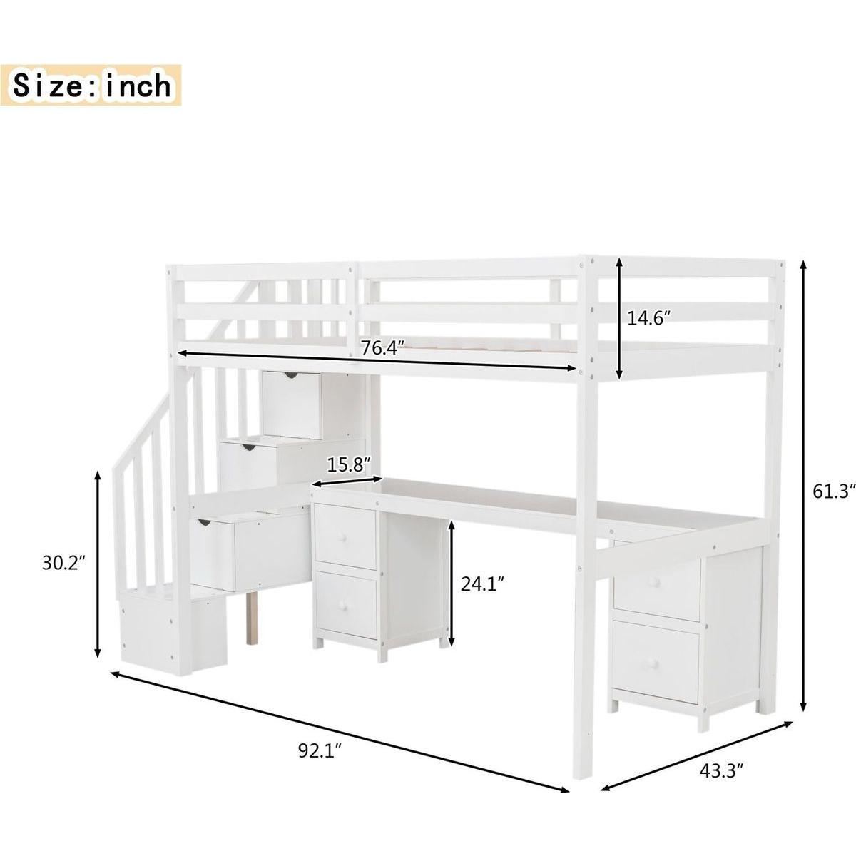 Twin Size Loft Bed Frame with Built-in Desk and Double Storage Drawers,White